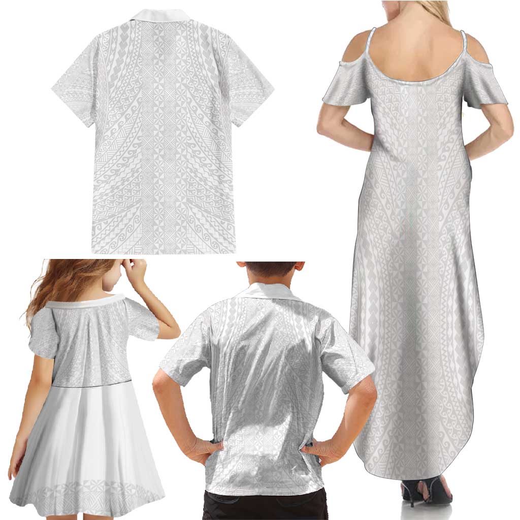 Lotu Tamaiti White Tongan Ngatu Family Matching Summer Maxi Dress and Hawaiian Shirt Polynesian Tribal Fonulei Pattern LT9 - Polynesian Pride