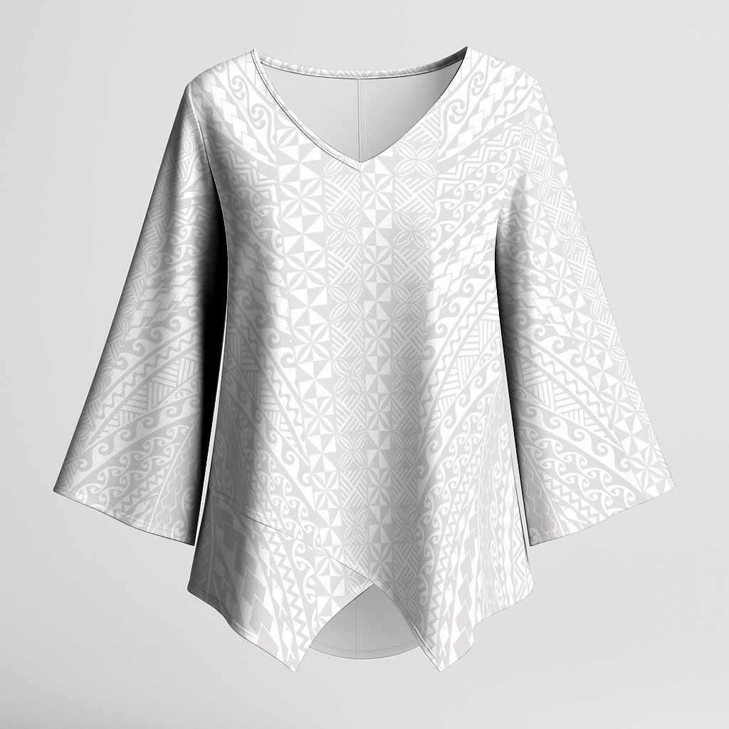 Lotu Tamaiti White Tongan Ngatu Kimono Sleeve Blouse Polynesian Tribal Fonulei Pattern - Polynesian Pride