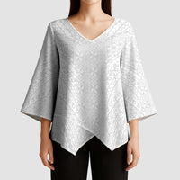 Lotu Tamaiti White Tongan Ngatu Kimono Sleeve Blouse Polynesian Tribal Fonulei Pattern - Polynesian Pride