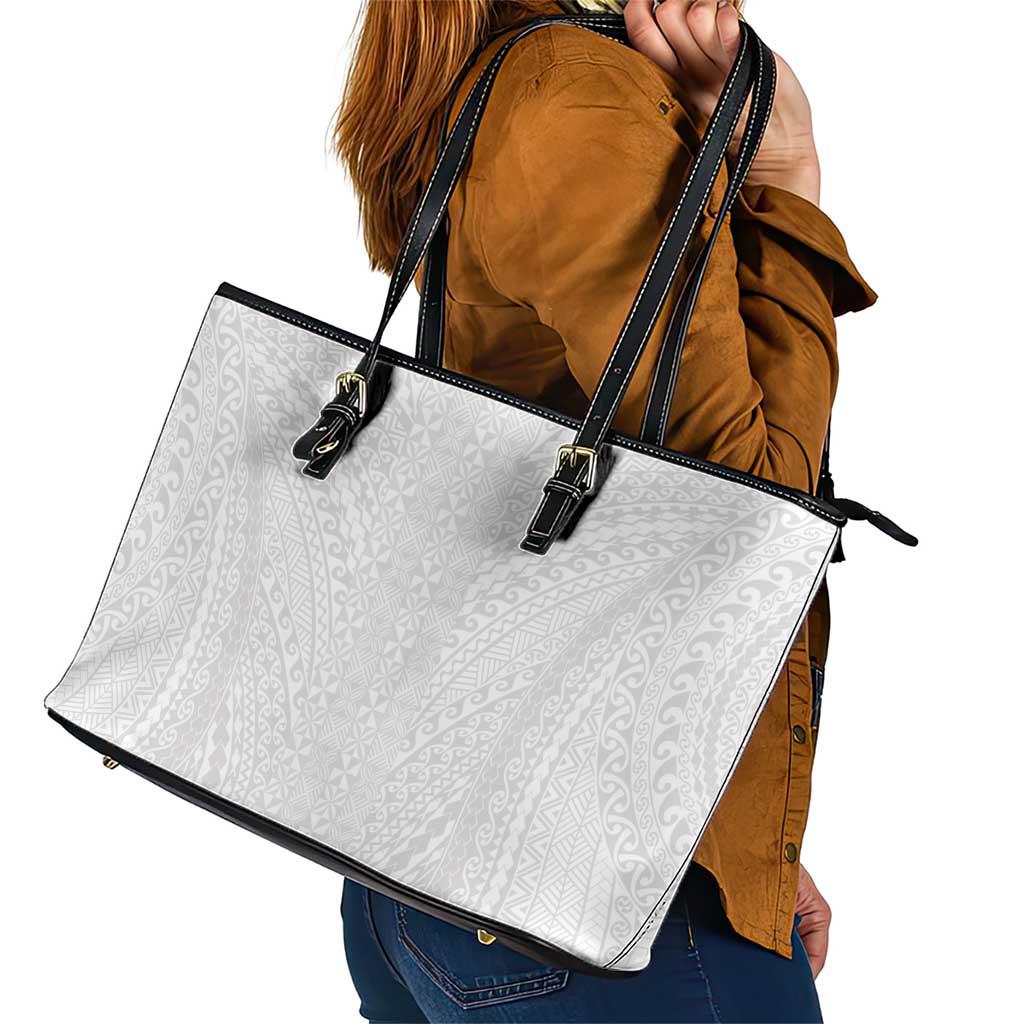 Lotu Tamaiti White Tongan Ngatu Leather Tote Bag Polynesian Tribal Fonulei Pattern - Polynesian Pride