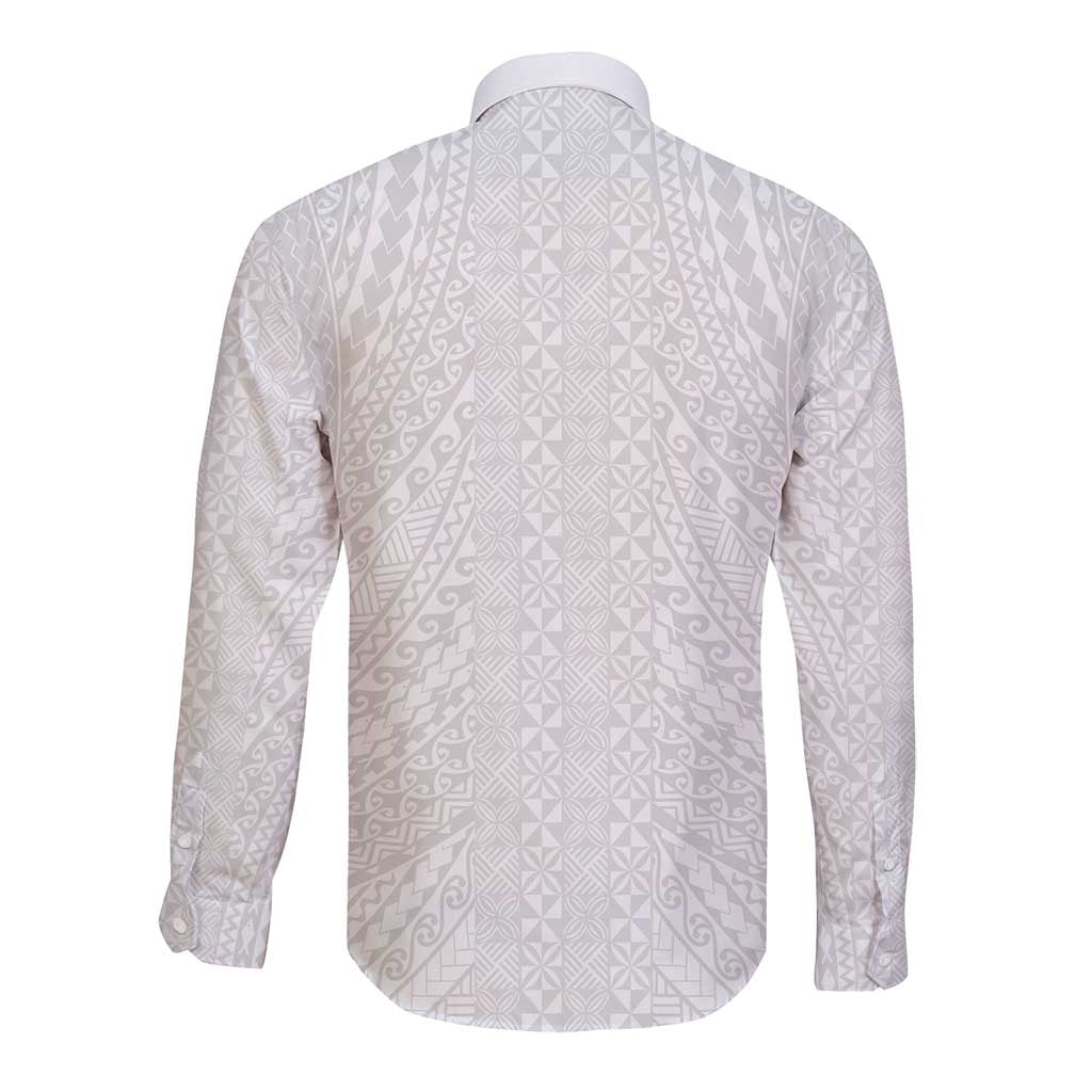 Lotu Tamaiti White Tongan Ngatu Long Sleeve Button Shirt Polynesian Tribal Fonulei Pattern - Polynesian Pride