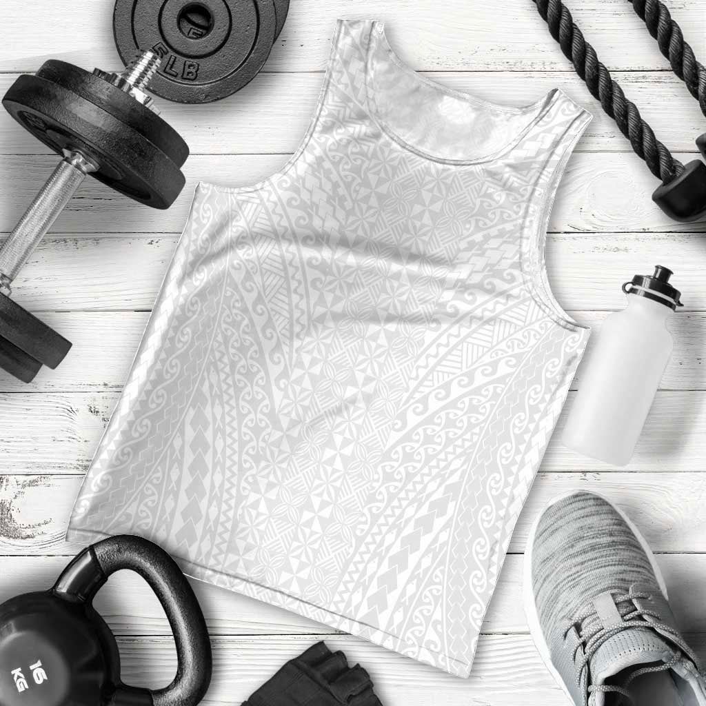 Lotu Tamaiti White Tongan Ngatu Men Tank Top Polynesian Tribal Fonulei Pattern - Polynesian Pride
