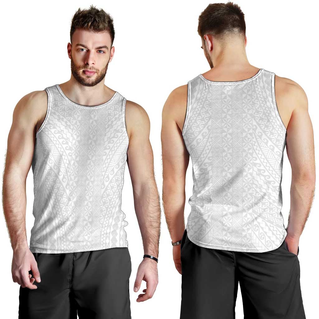 Lotu Tamaiti White Tongan Ngatu Men Tank Top Polynesian Tribal Fonulei Pattern - Polynesian Pride