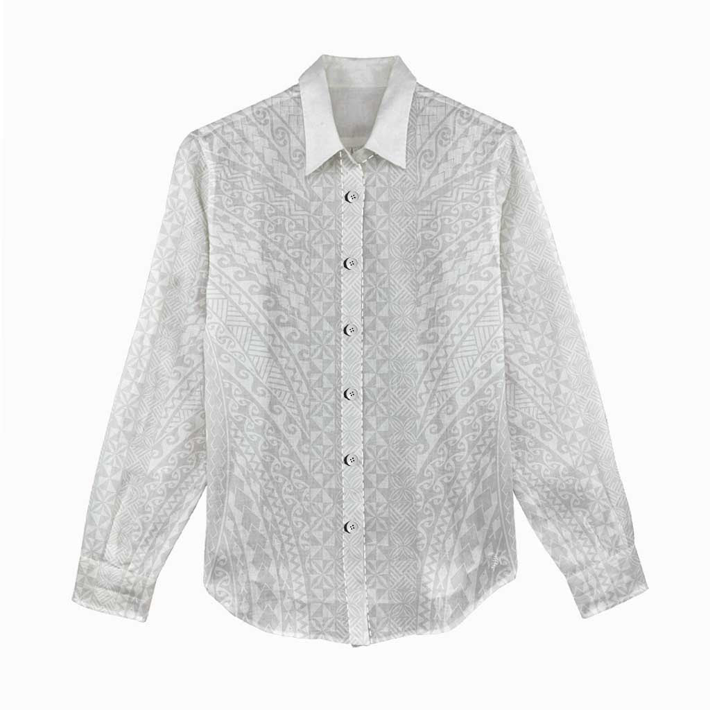 Lotu Tamaiti White Tongan Ngatu Women Casual Shirt Polynesian Tribal Fonulei Pattern LT9 - Polynesian Pride