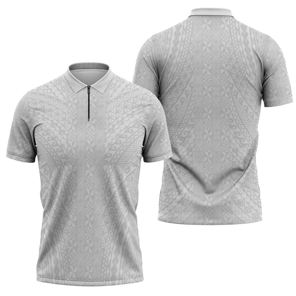Lotu Tamaiti White Tongan Ngatu Zipper Polo Shirt Polynesian Tribal Fonulei Pattern - Polynesian Pride