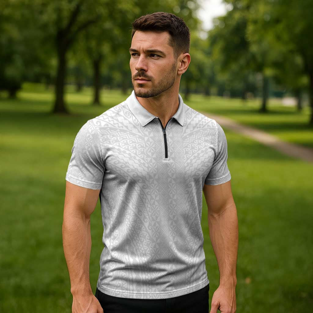 Lotu Tamaiti White Tongan Ngatu Zipper Polo Shirt Polynesian Tribal Fonulei Pattern - Polynesian Pride