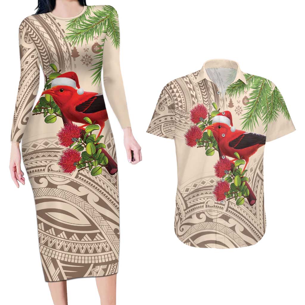 Christmas Hawaii with I'iwi Bird Couples Matching Long Sleeve Bodycon Dress and Hawaiian Shirt Aloha Mele Kalikimaka - Beige Art LT9 Beige - Polynesian Pride