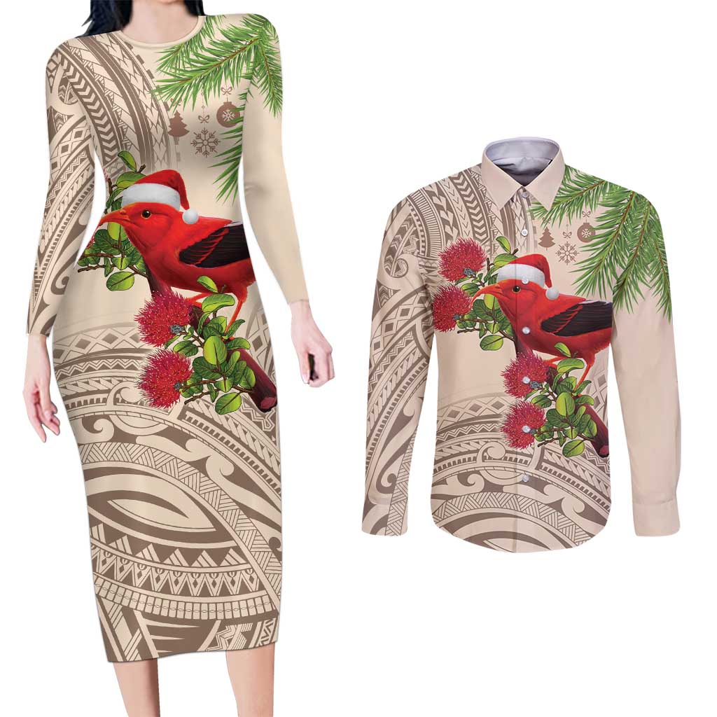 Christmas Hawaii with I'iwi Bird Couples Matching Long Sleeve Bodycon Dress and Long Sleeve Button Shirt Aloha Mele Kalikimaka - Beige Art LT9 Beige - Polynesian Pride