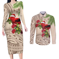 Christmas Hawaii with I'iwi Bird Couples Matching Long Sleeve Bodycon Dress and Long Sleeve Button Shirt Aloha Mele Kalikimaka - Beige Art LT9 Beige - Polynesian Pride