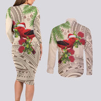 Christmas Hawaii with I'iwi Bird Couples Matching Long Sleeve Bodycon Dress and Long Sleeve Button Shirt Aloha Mele Kalikimaka - Beige Art LT9 - Polynesian Pride