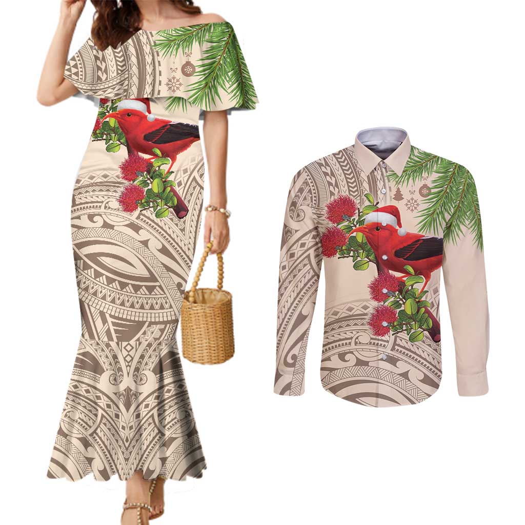 Christmas Hawaii with I'iwi Bird Couples Matching Mermaid Dress and Long Sleeve Button Shirt Aloha Mele Kalikimaka - Beige Art LT9 Beige - Polynesian Pride