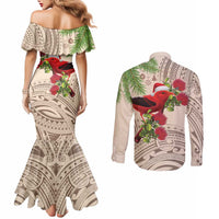 Christmas Hawaii with I'iwi Bird Couples Matching Mermaid Dress and Long Sleeve Button Shirt Aloha Mele Kalikimaka - Beige Art LT9 - Polynesian Pride