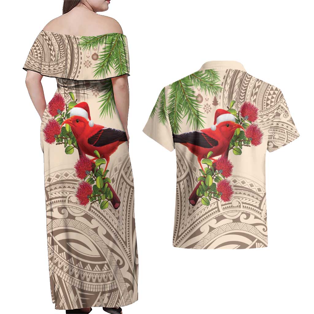Christmas Hawaii with I'iwi Bird Couples Matching Off Shoulder Maxi Dress and Hawaiian Shirt Aloha Mele Kalikimaka - Beige Art LT9 - Polynesian Pride
