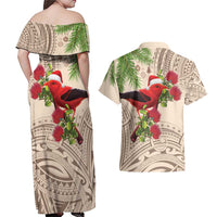 Christmas Hawaii with I'iwi Bird Couples Matching Off Shoulder Maxi Dress and Hawaiian Shirt Aloha Mele Kalikimaka - Beige Art LT9 - Polynesian Pride