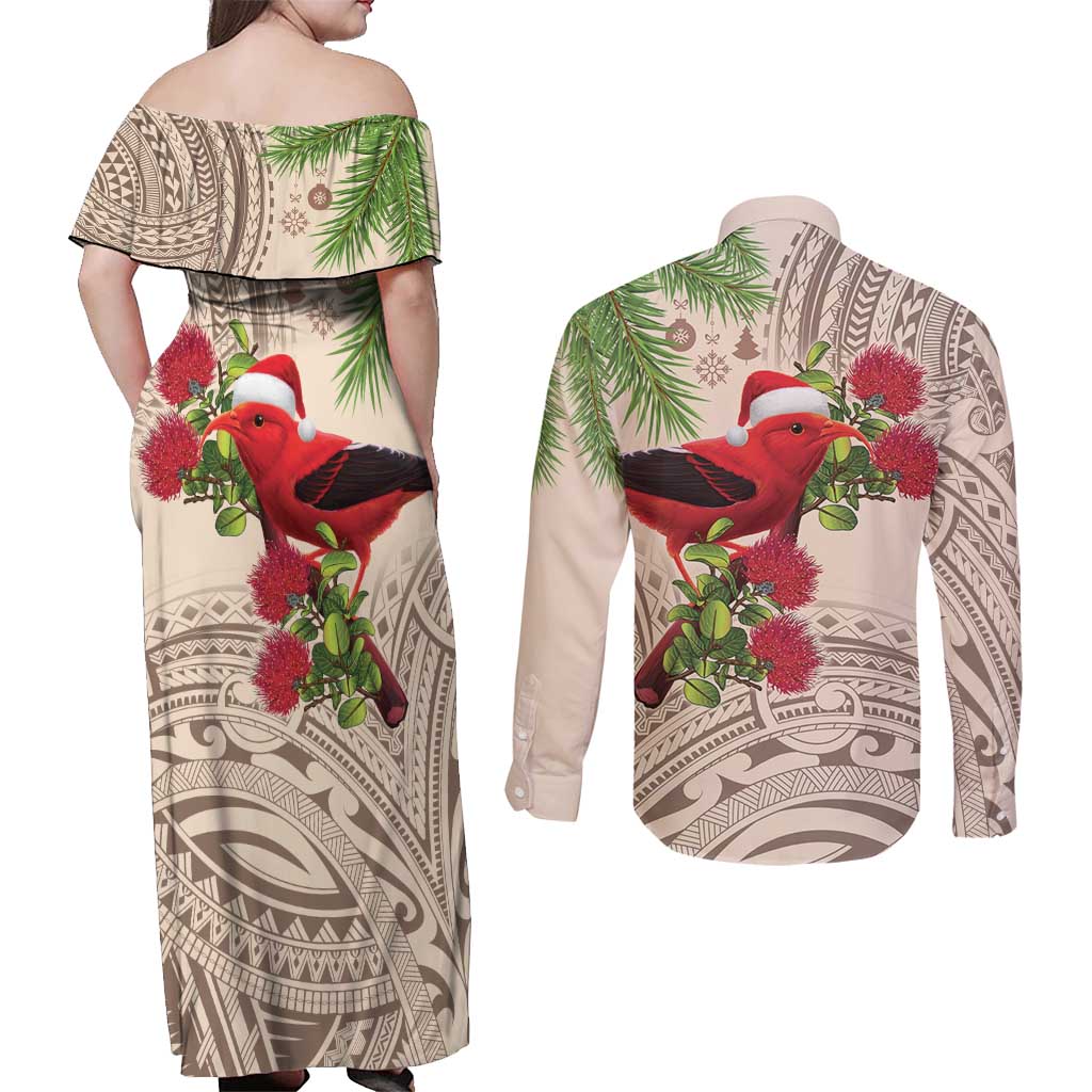 Christmas Hawaii with I'iwi Bird Couples Matching Off Shoulder Maxi Dress and Long Sleeve Button Shirt Aloha Mele Kalikimaka - Beige Art LT9 - Polynesian Pride