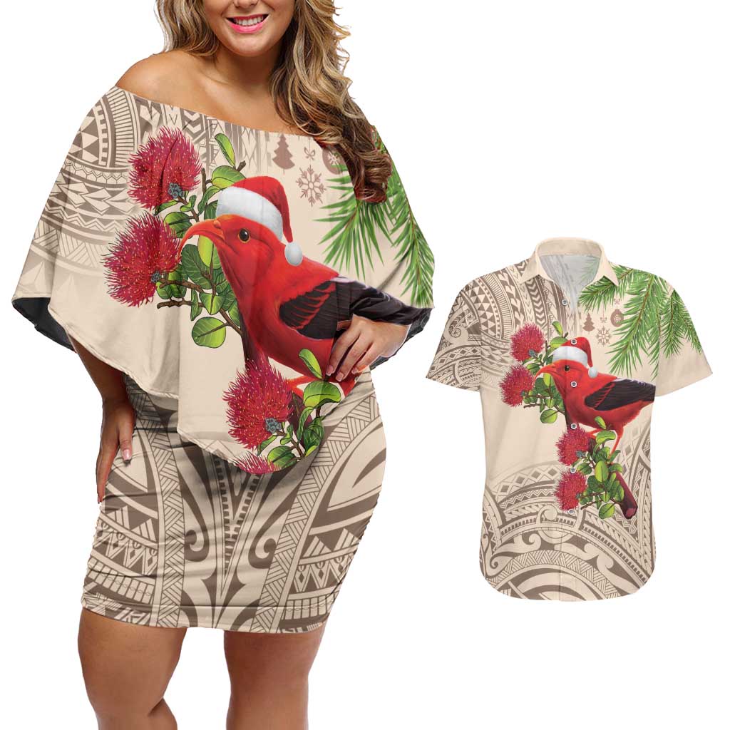 Christmas Hawaii with I'iwi Bird Couples Matching Off Shoulder Short Dress and Hawaiian Shirt Aloha Mele Kalikimaka - Beige Art LT9 Beige - Polynesian Pride