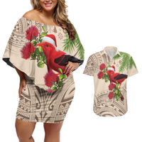 Christmas Hawaii with I'iwi Bird Couples Matching Off Shoulder Short Dress and Hawaiian Shirt Aloha Mele Kalikimaka - Beige Art LT9 Beige - Polynesian Pride