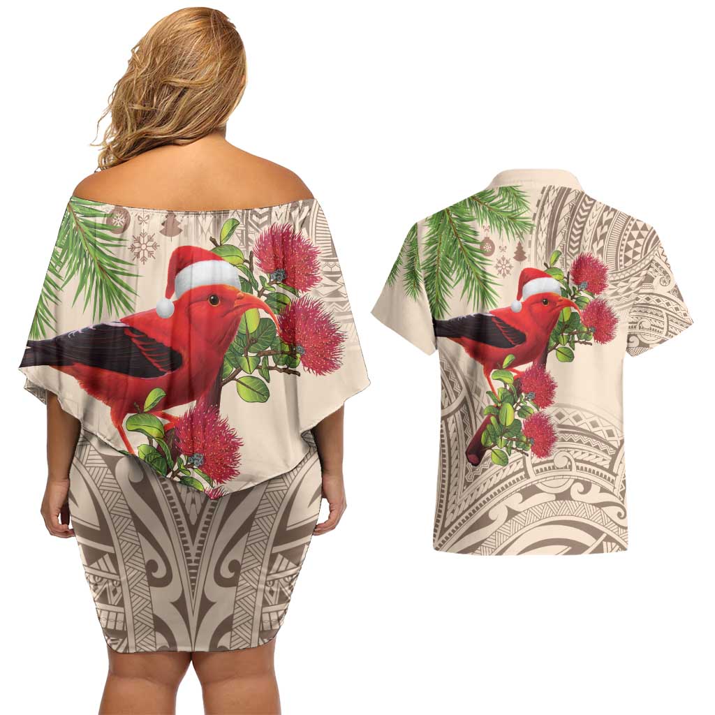Christmas Hawaii with I'iwi Bird Couples Matching Off Shoulder Short Dress and Hawaiian Shirt Aloha Mele Kalikimaka - Beige Art LT9 - Polynesian Pride