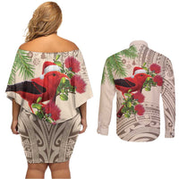 Christmas Hawaii with I'iwi Bird Couples Matching Off Shoulder Short Dress and Long Sleeve Button Shirt Aloha Mele Kalikimaka - Beige Art LT9 - Polynesian Pride