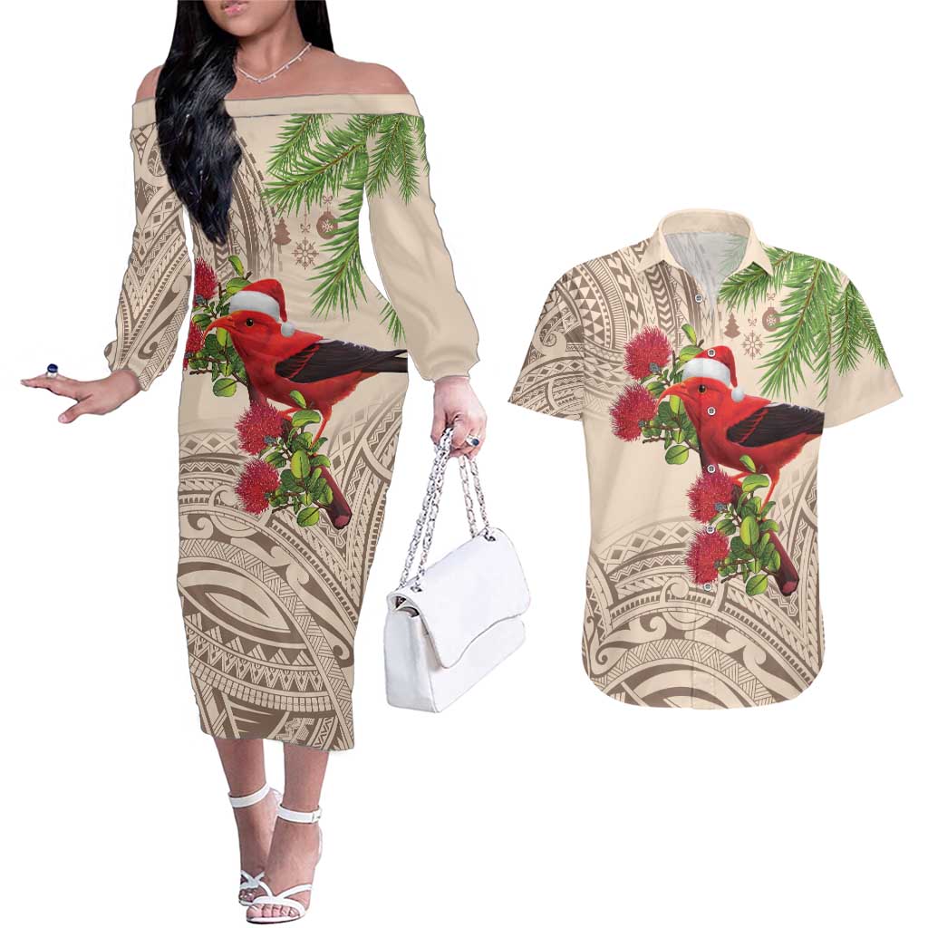 Christmas Hawaii with I'iwi Bird Couples Matching Off The Shoulder Long Sleeve Dress and Hawaiian Shirt Aloha Mele Kalikimaka - Beige Art LT9 Beige - Polynesian Pride