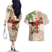 Christmas Hawaii with I'iwi Bird Couples Matching Off The Shoulder Long Sleeve Dress and Hawaiian Shirt Aloha Mele Kalikimaka - Beige Art LT9 - Polynesian Pride
