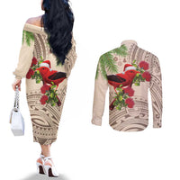 Christmas Hawaii with I'iwi Bird Couples Matching Off The Shoulder Long Sleeve Dress and Long Sleeve Button Shirt Aloha Mele Kalikimaka - Beige Art LT9 - Polynesian Pride