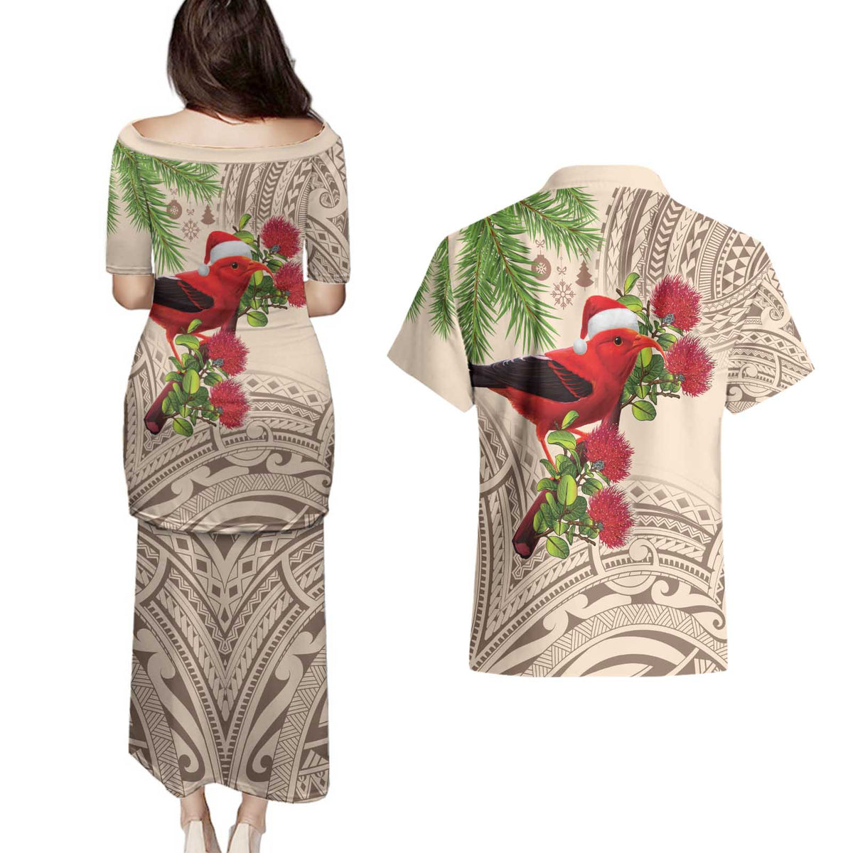 Christmas Hawaii with I'iwi Bird Couples Matching Puletasi and Hawaiian Shirt Aloha Mele Kalikimaka - Beige Art LT9 - Polynesian Pride