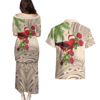 Christmas Hawaii with I'iwi Bird Couples Matching Puletasi and Hawaiian Shirt Aloha Mele Kalikimaka - Beige Art LT9 - Polynesian Pride