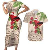 Christmas Hawaii with I'iwi Bird Couples Matching Short Sleeve Bodycon Dress and Hawaiian Shirt Aloha Mele Kalikimaka - Beige Art LT9 Beige - Polynesian Pride