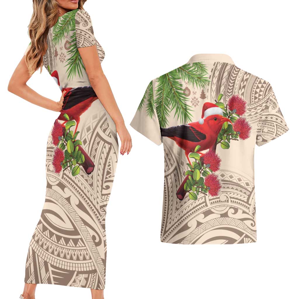 Christmas Hawaii with I'iwi Bird Couples Matching Short Sleeve Bodycon Dress and Hawaiian Shirt Aloha Mele Kalikimaka - Beige Art LT9 - Polynesian Pride