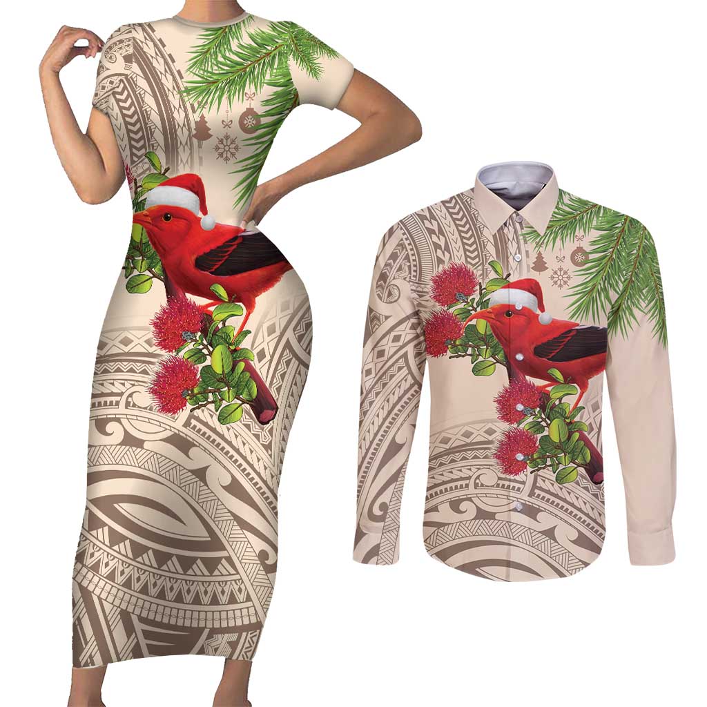 Christmas Hawaii with I'iwi Bird Couples Matching Short Sleeve Bodycon Dress and Long Sleeve Button Shirt Aloha Mele Kalikimaka - Beige Art LT9 Beige - Polynesian Pride