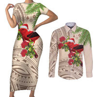 Christmas Hawaii with I'iwi Bird Couples Matching Short Sleeve Bodycon Dress and Long Sleeve Button Shirt Aloha Mele Kalikimaka - Beige Art LT9 Beige - Polynesian Pride
