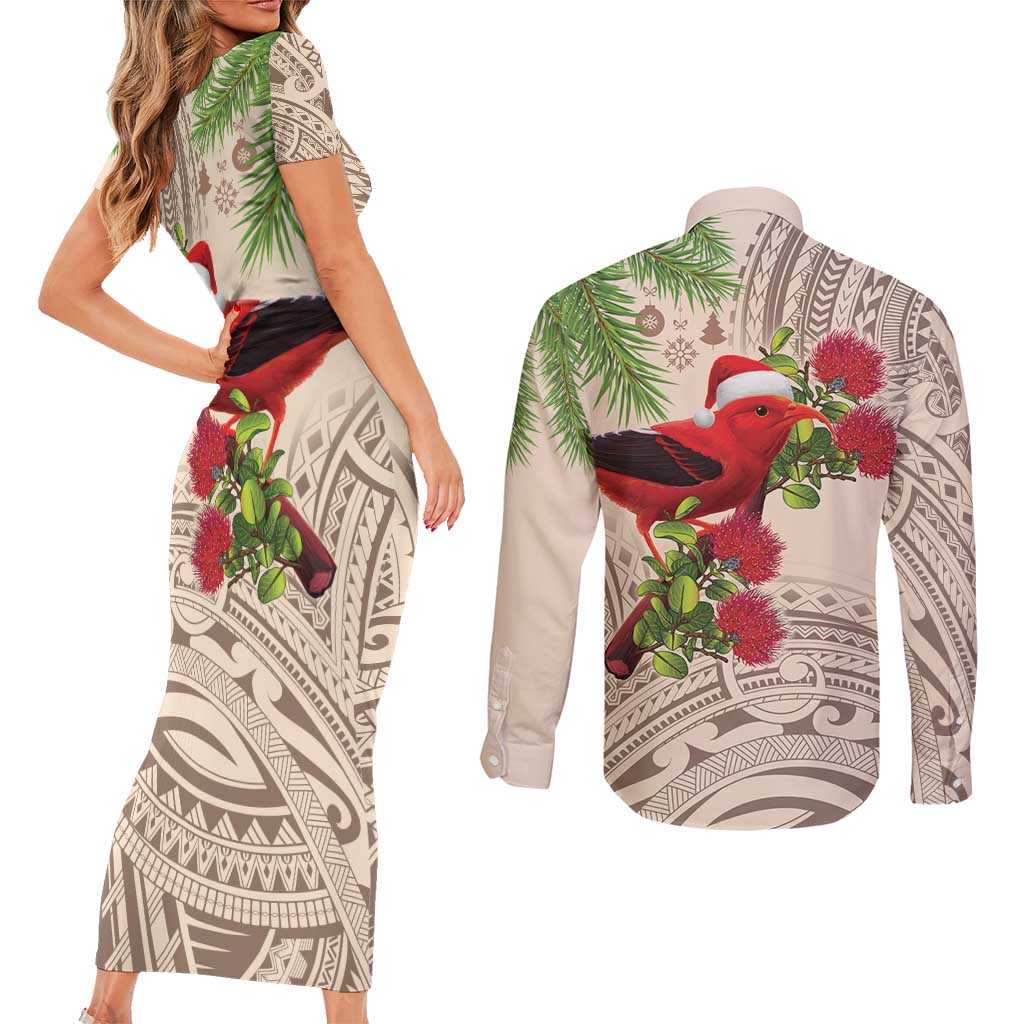 Christmas Hawaii with I'iwi Bird Couples Matching Short Sleeve Bodycon Dress and Long Sleeve Button Shirt Aloha Mele Kalikimaka - Beige Art LT9 - Polynesian Pride