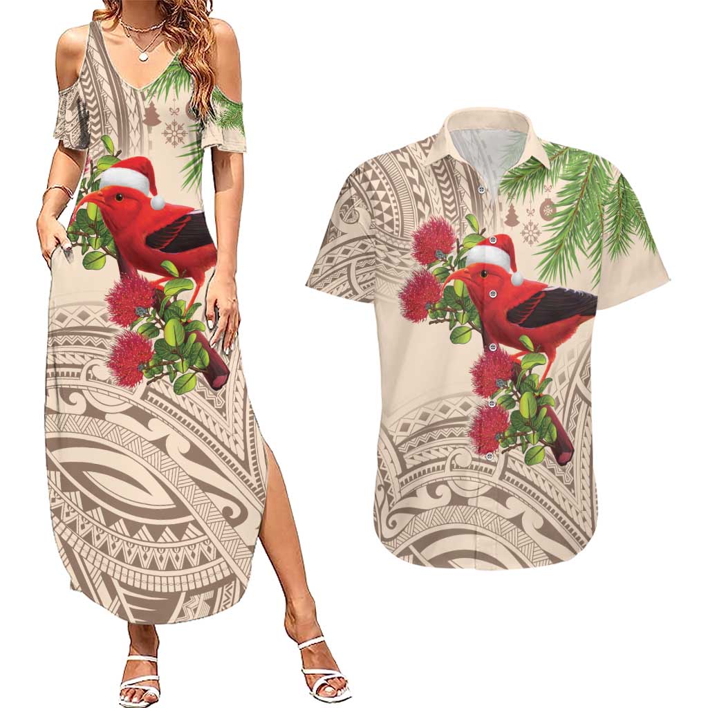 Christmas Hawaii with I'iwi Bird Couples Matching Summer Maxi Dress and Hawaiian Shirt Aloha Mele Kalikimaka - Beige Art LT9 Beige - Polynesian Pride