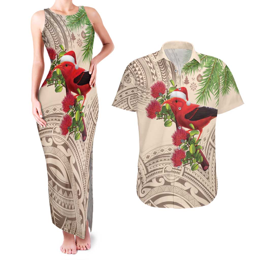 Christmas Hawaii with I'iwi Bird Couples Matching Tank Maxi Dress and Hawaiian Shirt Aloha Mele Kalikimaka - Beige Art LT9 Beige - Polynesian Pride