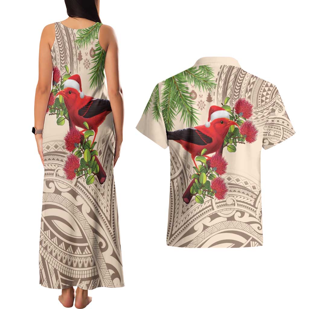 Christmas Hawaii with I'iwi Bird Couples Matching Tank Maxi Dress and Hawaiian Shirt Aloha Mele Kalikimaka - Beige Art LT9 - Polynesian Pride