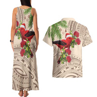 Christmas Hawaii with I'iwi Bird Couples Matching Tank Maxi Dress and Hawaiian Shirt Aloha Mele Kalikimaka - Beige Art LT9 - Polynesian Pride