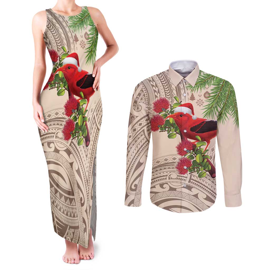 Christmas Hawaii with I'iwi Bird Couples Matching Tank Maxi Dress and Long Sleeve Button Shirt Aloha Mele Kalikimaka - Beige Art LT9 Beige - Polynesian Pride