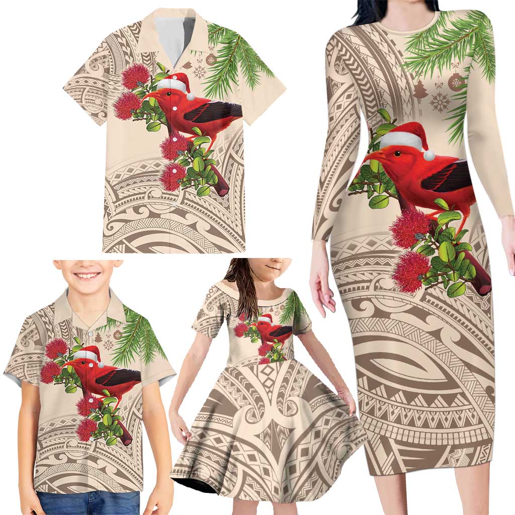 Christmas Hawaii with I'iwi Bird Family Matching Long Sleeve Bodycon Dress and Hawaiian Shirt Aloha Mele Kalikimaka - Beige Art LT9 - Polynesian Pride