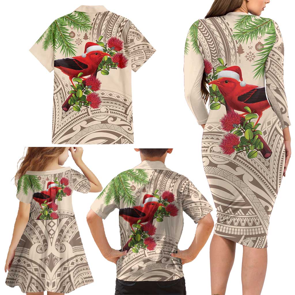 Christmas Hawaii with I'iwi Bird Family Matching Long Sleeve Bodycon Dress and Hawaiian Shirt Aloha Mele Kalikimaka - Beige Art LT9 - Polynesian Pride