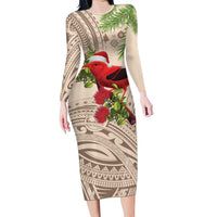 Christmas Hawaii with I'iwi Bird Family Matching Long Sleeve Bodycon Dress and Hawaiian Shirt Aloha Mele Kalikimaka - Beige Art LT9 Mom's Dress Beige - Polynesian Pride