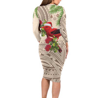 Christmas Hawaii with I'iwi Bird Family Matching Long Sleeve Bodycon Dress and Hawaiian Shirt Aloha Mele Kalikimaka - Beige Art LT9 - Polynesian Pride