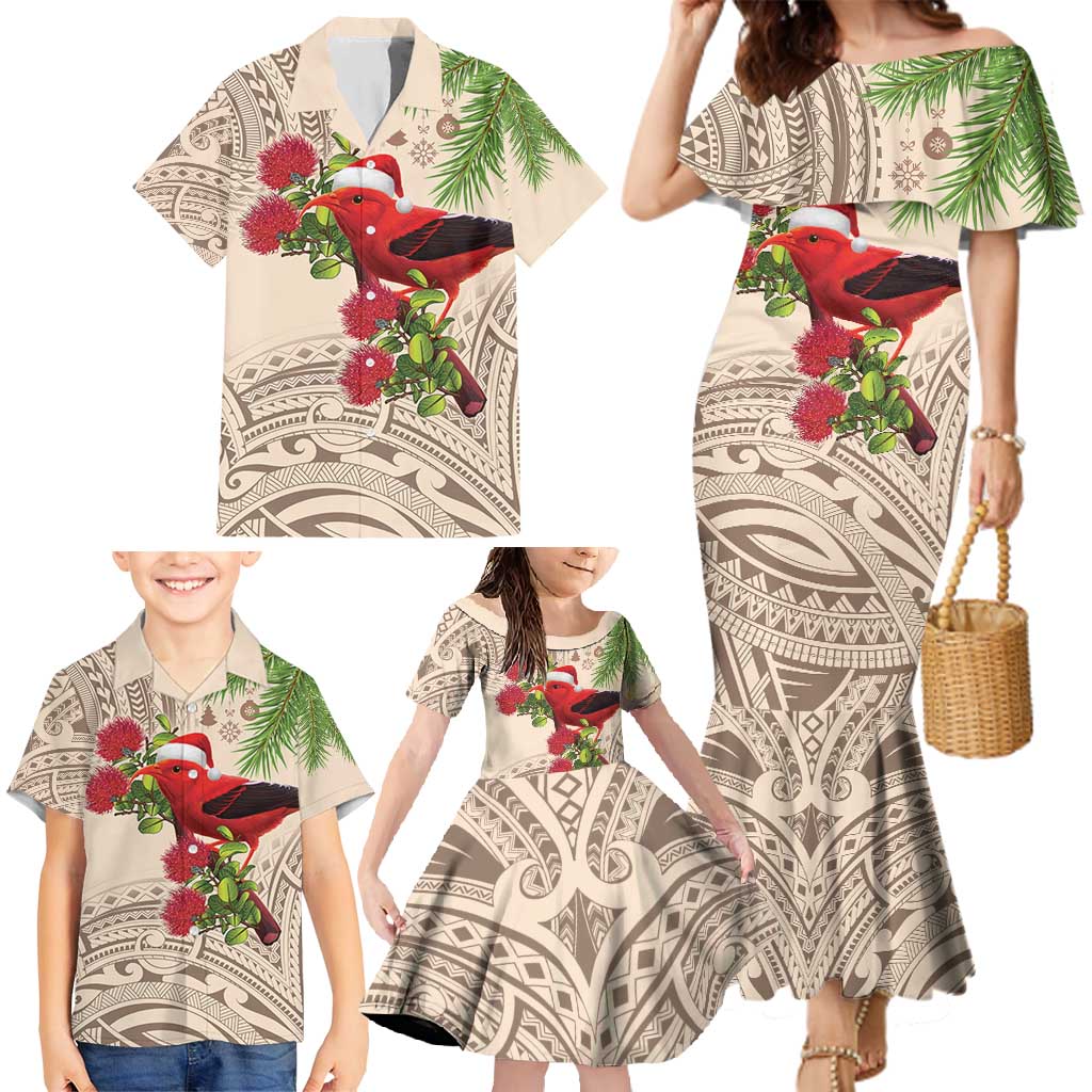 Christmas Hawaii with I'iwi Bird Family Matching Mermaid Dress and Hawaiian Shirt Aloha Mele Kalikimaka - Beige Art LT9 - Polynesian Pride