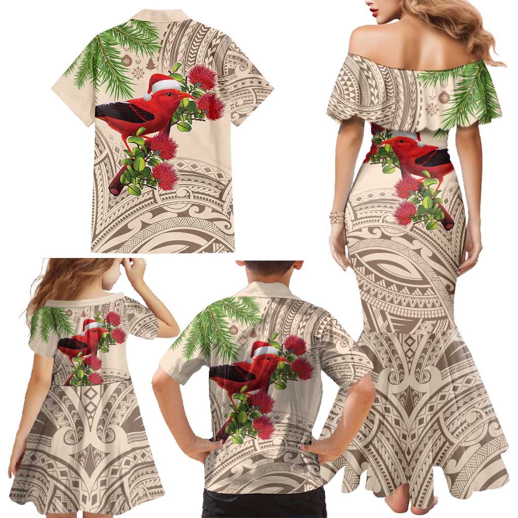 Christmas Hawaii with I'iwi Bird Family Matching Mermaid Dress and Hawaiian Shirt Aloha Mele Kalikimaka - Beige Art LT9 - Polynesian Pride