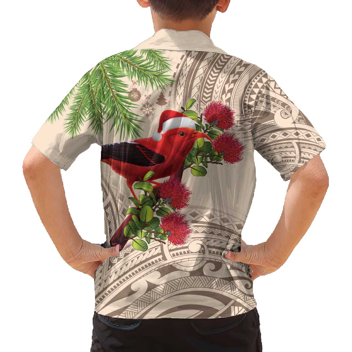Christmas Hawaii with I'iwi Bird Family Matching Off The Shoulder Long Sleeve Dress and Hawaiian Shirt Aloha Mele Kalikimaka - Beige Art LT9 - Polynesian Pride