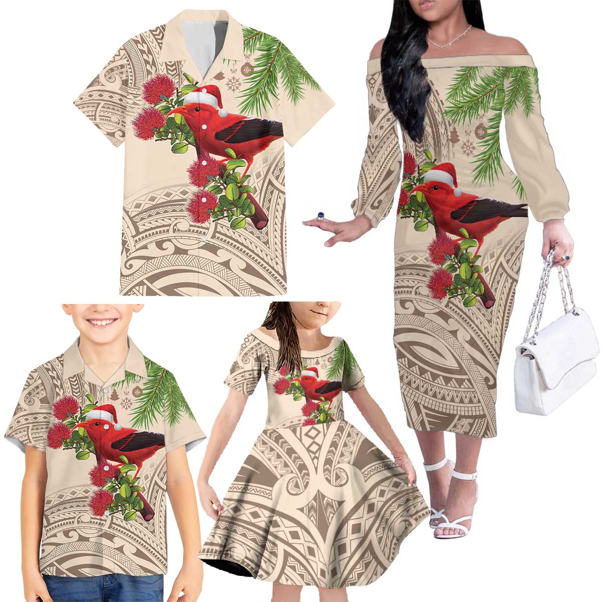 Christmas Hawaii with I'iwi Bird Family Matching Off The Shoulder Long Sleeve Dress and Hawaiian Shirt Aloha Mele Kalikimaka - Beige Art LT9 - Polynesian Pride