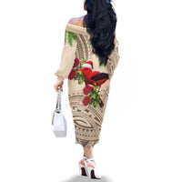 Christmas Hawaii with I'iwi Bird Family Matching Off The Shoulder Long Sleeve Dress and Hawaiian Shirt Aloha Mele Kalikimaka - Beige Art LT9 - Polynesian Pride