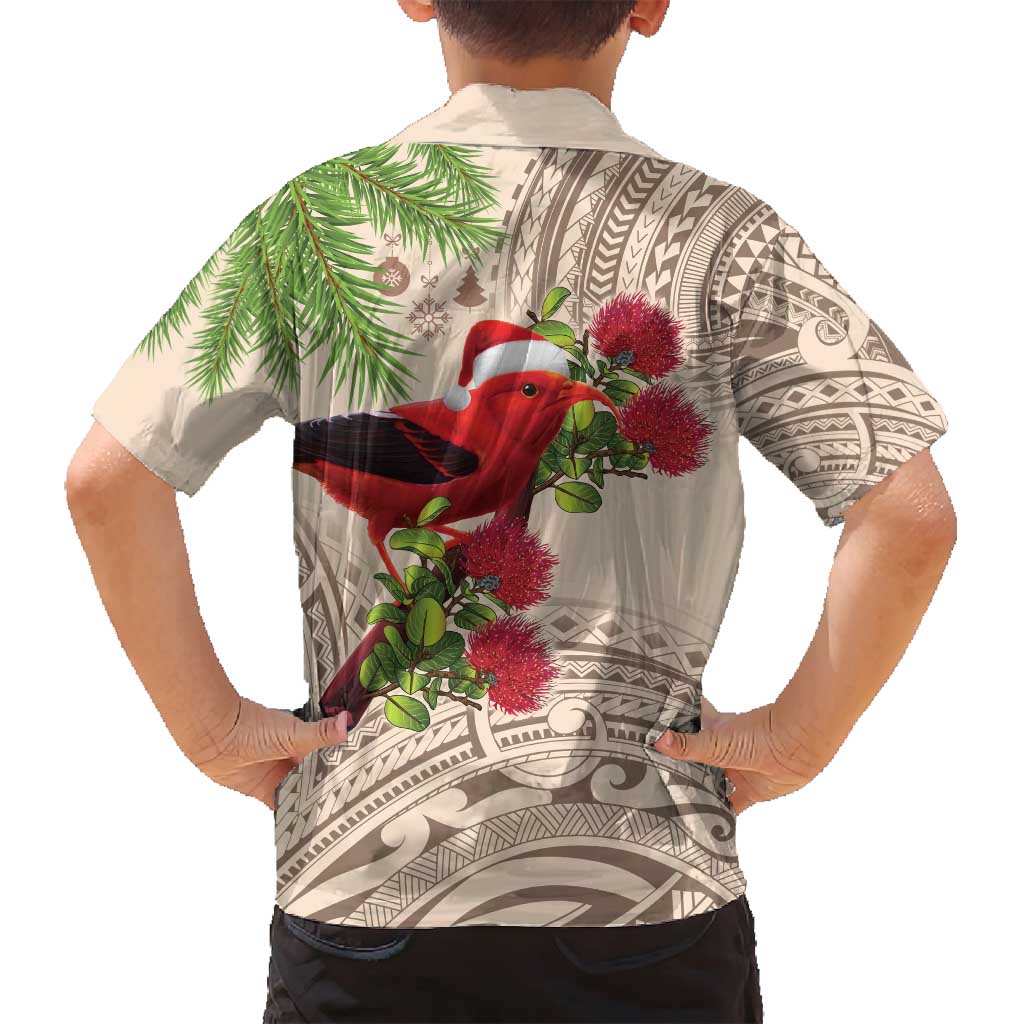 Christmas Hawaii with I'iwi Bird Family Matching Off Shoulder Maxi Dress and Hawaiian Shirt Aloha Mele Kalikimaka - Beige Art LT9 - Polynesian Pride