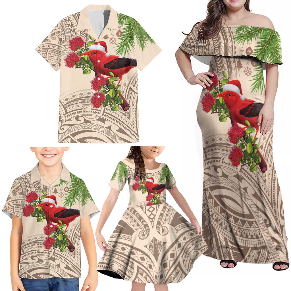 Christmas Hawaii with I'iwi Bird Family Matching Off Shoulder Maxi Dress and Hawaiian Shirt Aloha Mele Kalikimaka - Beige Art LT9 - Polynesian Pride