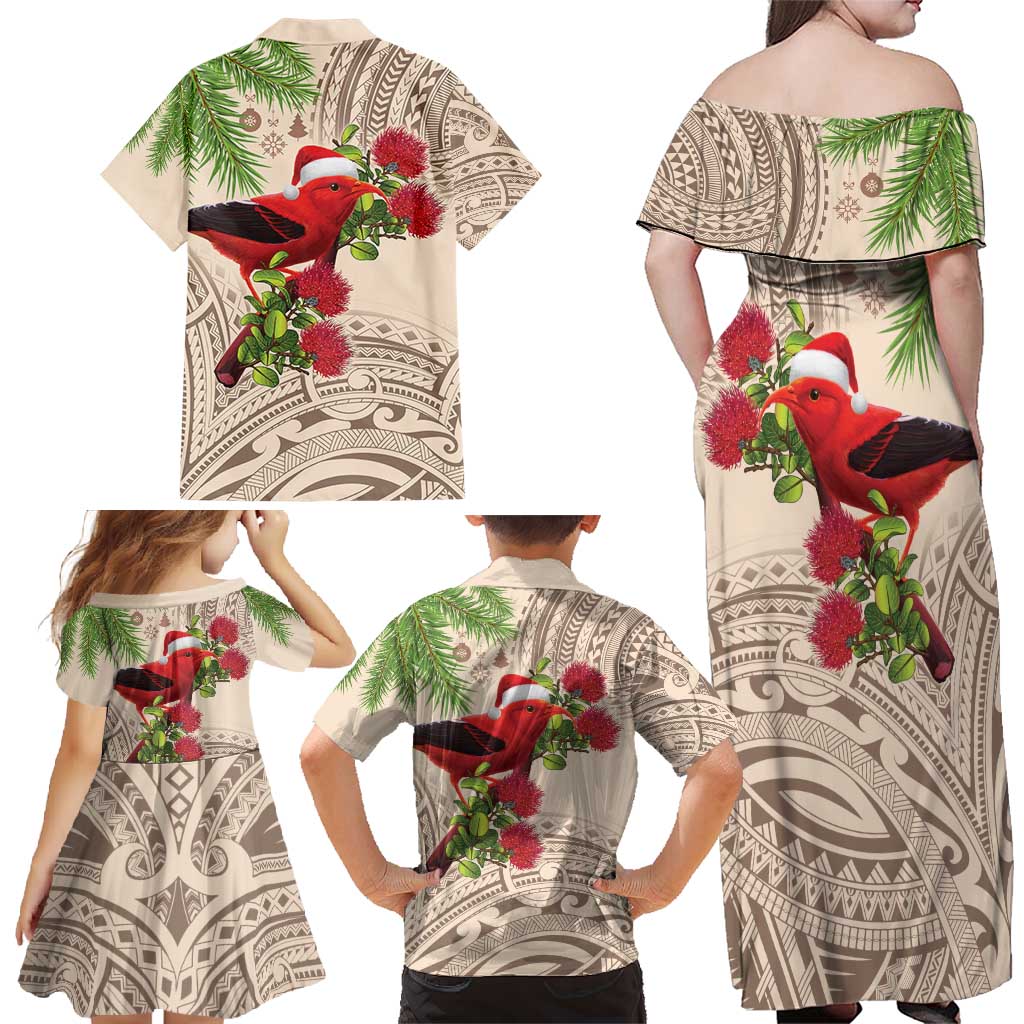 Christmas Hawaii with I'iwi Bird Family Matching Off Shoulder Maxi Dress and Hawaiian Shirt Aloha Mele Kalikimaka - Beige Art LT9 - Polynesian Pride